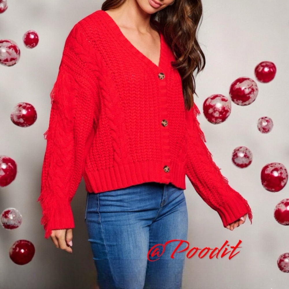 DAY & MOON Red knit fringe sleeve cardigan S M L - Picture 4 of 10